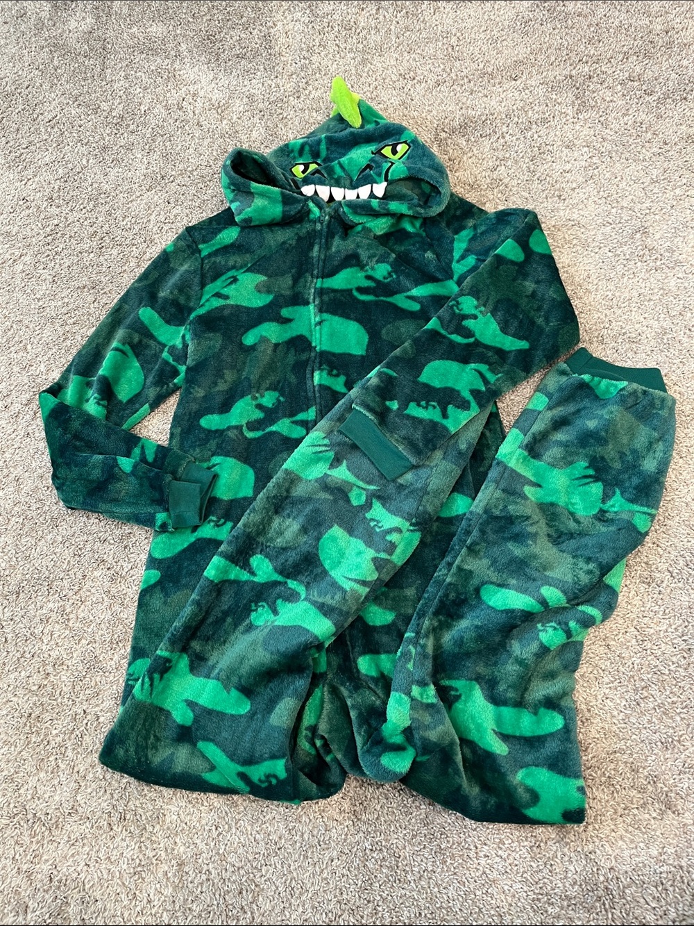 Green Camo Dinosaur Hooded Kids onesie- Plush Fleece